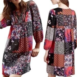 Anthro One September Embroidered Patchwork V neck Babydoll Tunic Dress Small